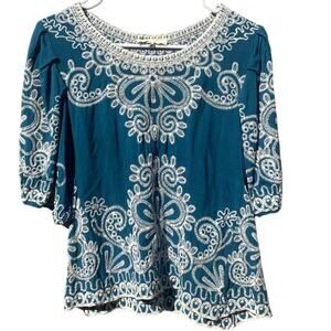 Solitaire Boho Embroidered Peasant Top Teal White Floral Blouse Women’s Size L